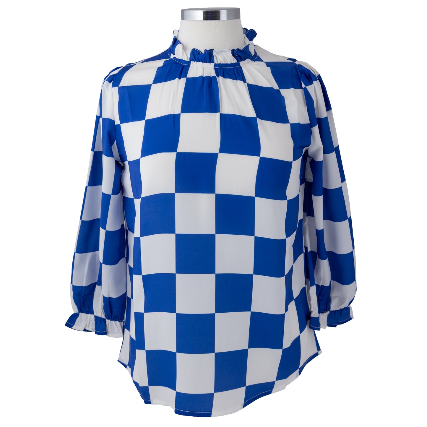 Blue and white gameday check long sleeve blouse with ruffle neckline and cuffs