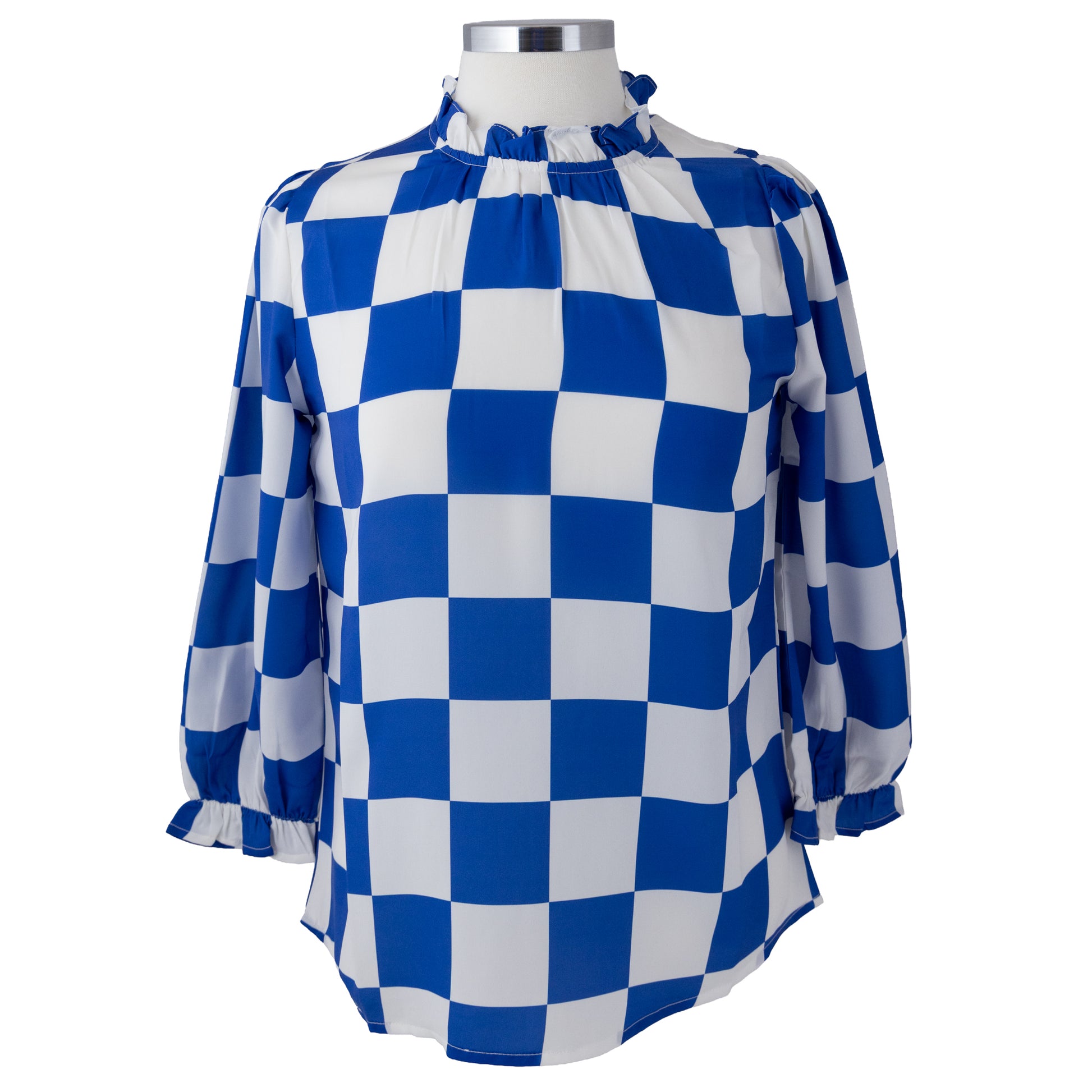 Blue and white gameday check long sleeve blouse with ruffle neckline and cuffs