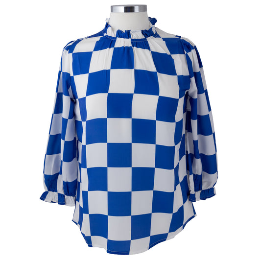 Blue and white gameday check long sleeve blouse with ruffle neckline and cuffs