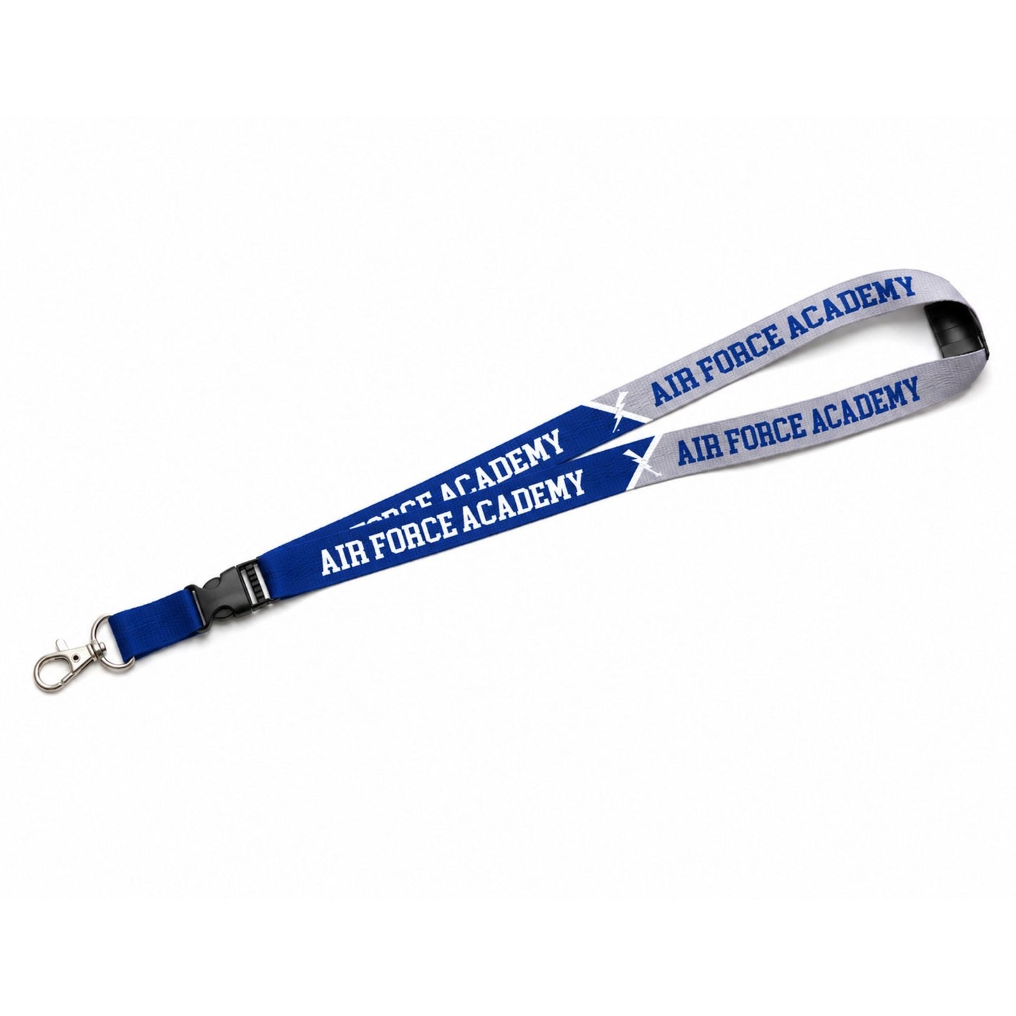 Blue and gray Air Force Academy breakaway lanyard with detachable buckle and metal clasp on white background