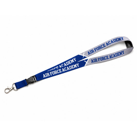 Blue and gray Air Force Academy breakaway lanyard with detachable buckle and metal clasp on white background