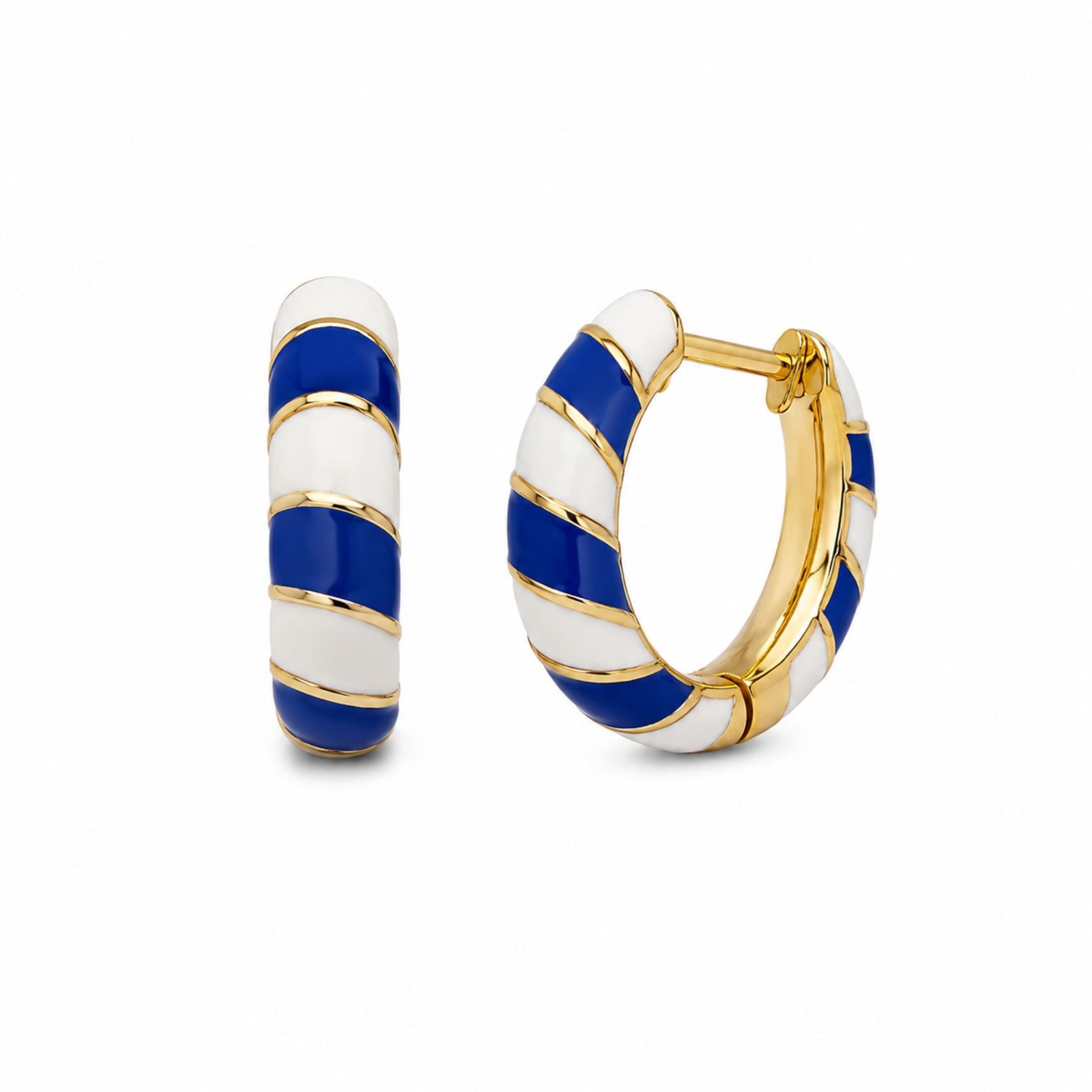 Gold-tone hoop earrings with alternating cadet blue and white enamel stripes