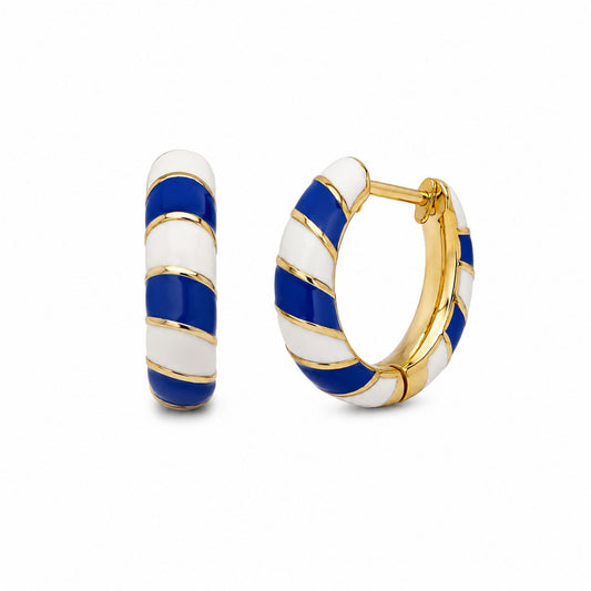 Gold-tone hoop earrings with alternating cadet blue and white enamel stripes