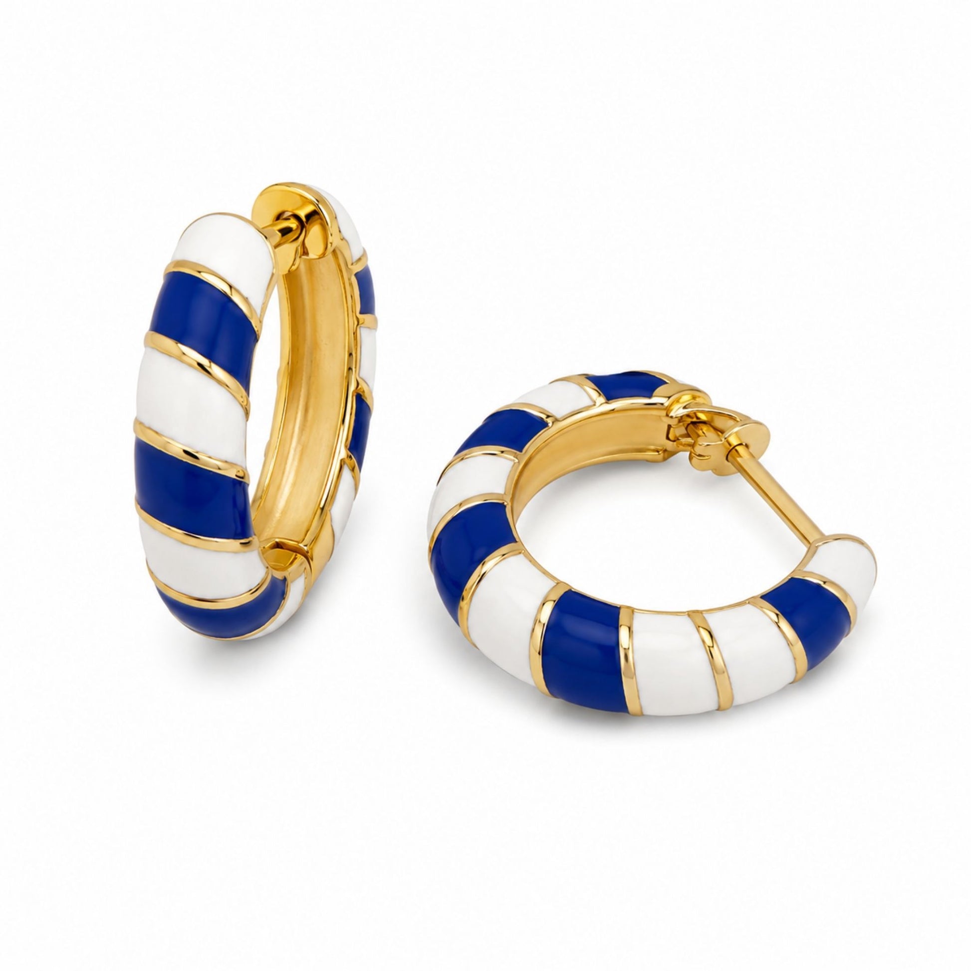 Gold-tone hoop earrings with alternating cadet blue and white enamel stripes