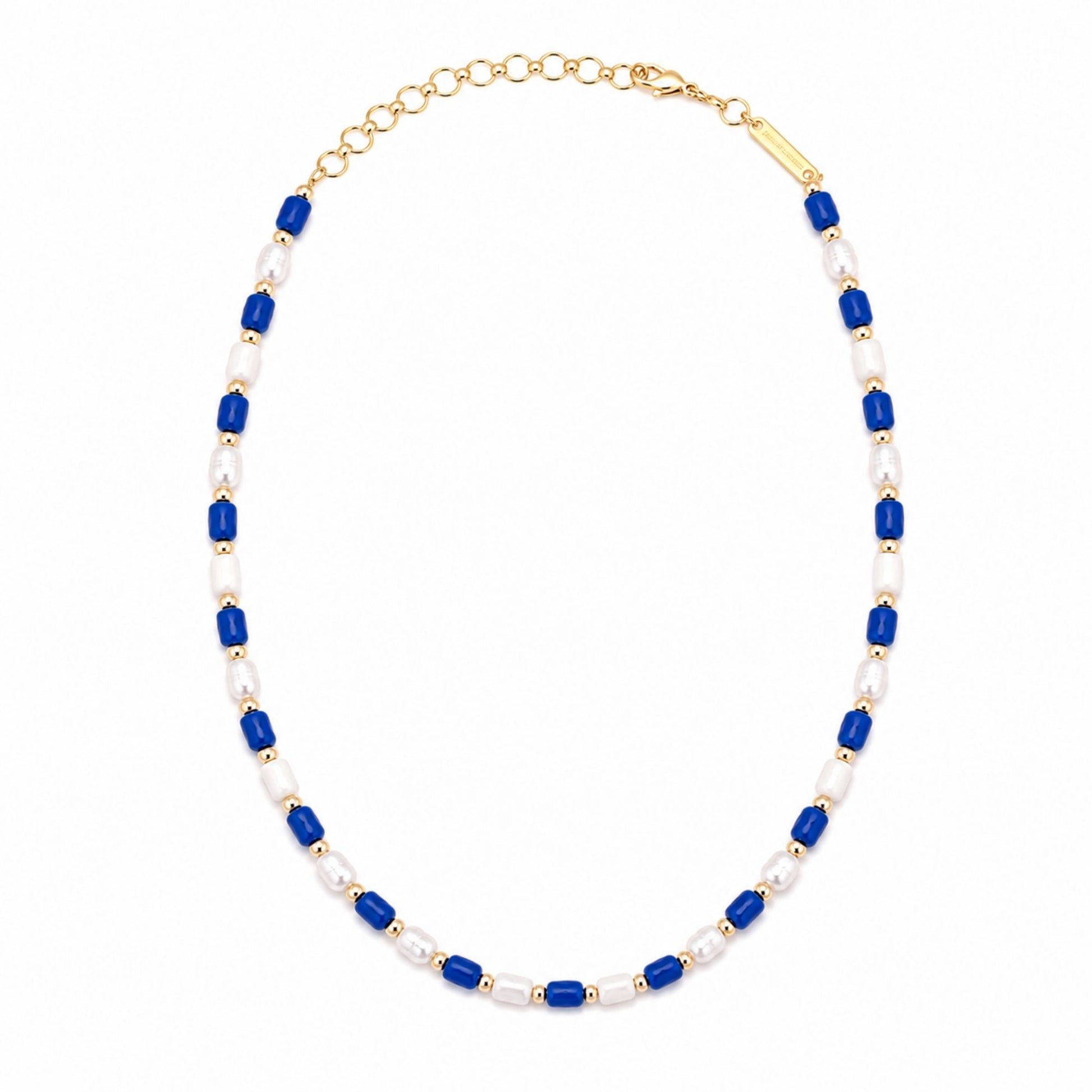 Cadet Pearl Beaded Necklace with alternating royal blue beads, pearl accents, white beads, and a gold-tone adjustable extender chain.