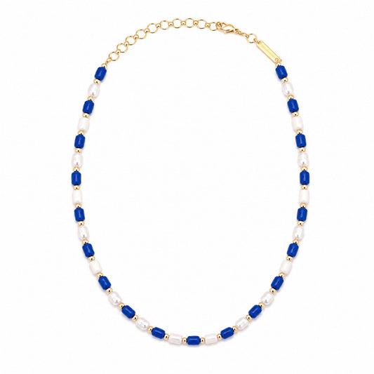 Cadet Pearl Beaded Necklace with alternating royal blue beads, pearl accents, white beads, and a gold-tone adjustable extender chain.