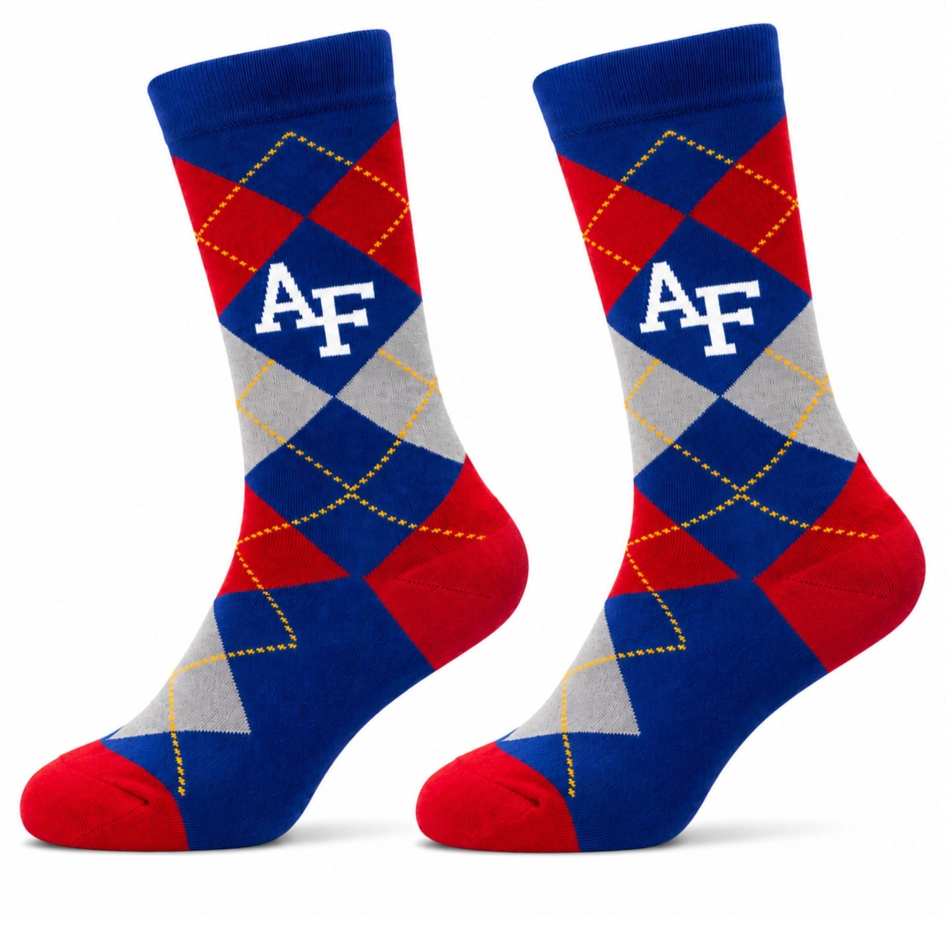 Class Color Argyle Dress Socks with an Air Force Academy AF logo and a classic argyle pattern in Air Force Academy class colors.