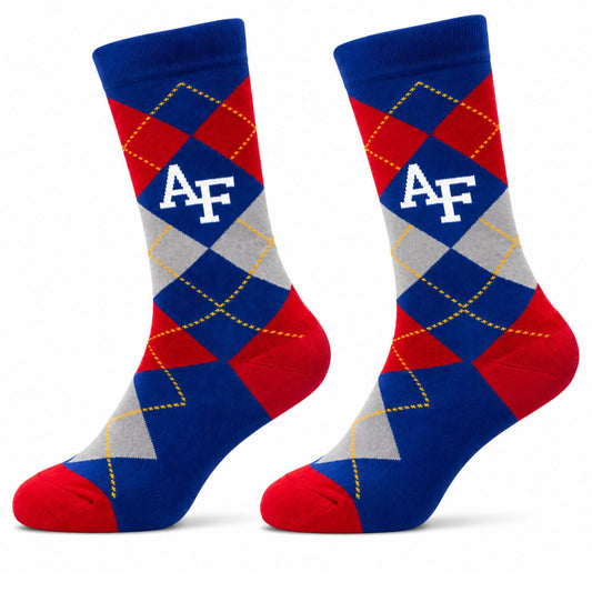 Class Color Argyle Dress Socks with an Air Force Academy AF logo and a classic argyle pattern in Air Force Academy class colors.