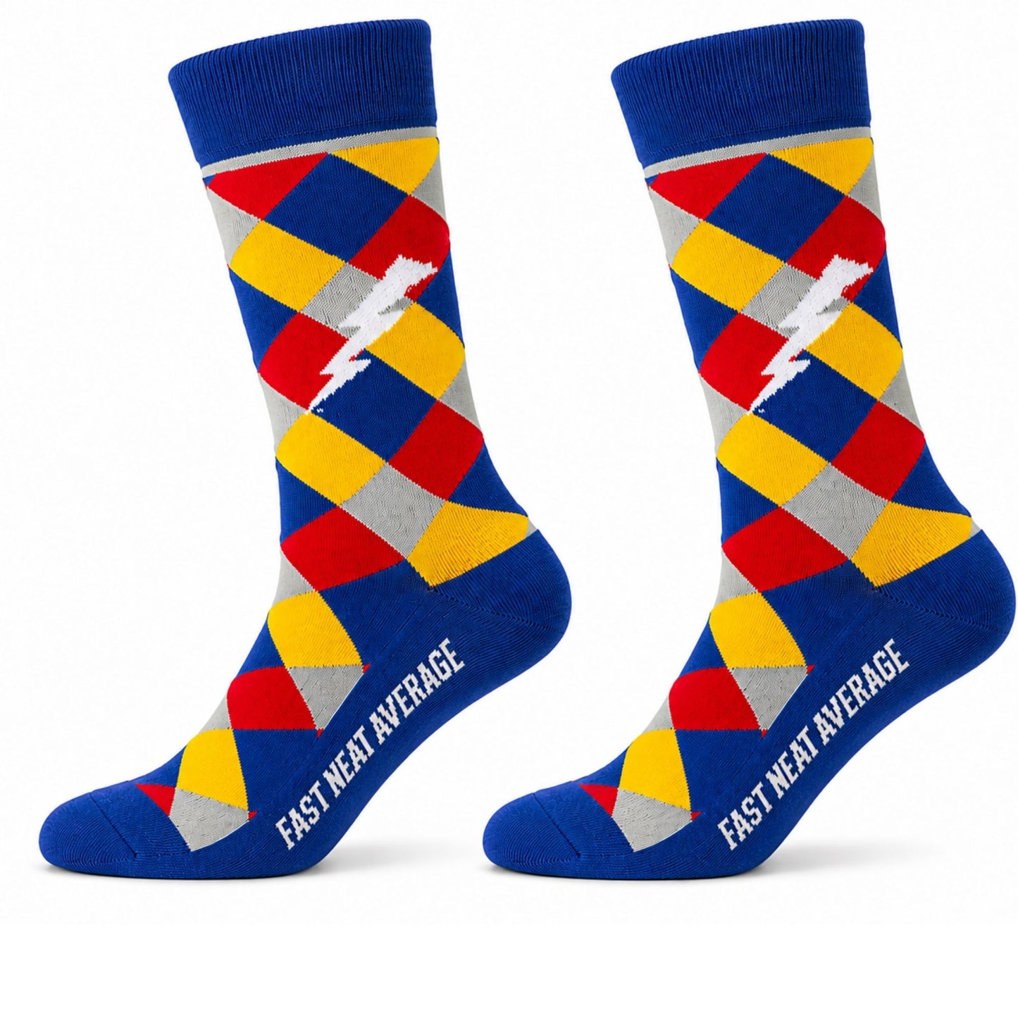 Blue knit crew socks featuring a class color diamond argyle pattern with a white lightning bolt and cushioned footbed.