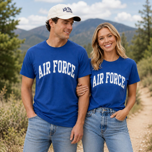 Royal blue Boxercraft Classic Air Force Tee featuring a white arched AIR FORCE graphic on the front.