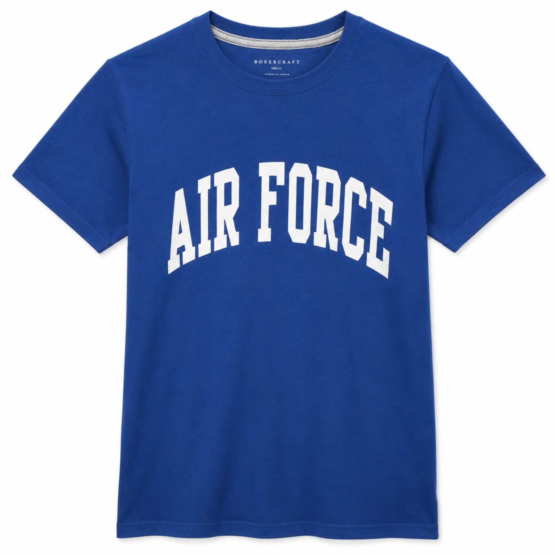 Royal blue Boxercraft Classic Air Force Tee featuring a white arched AIR FORCE graphic on the front.