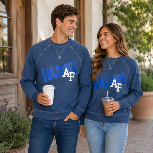 Air Force Academy Classic Collegiate Terry Crew in heather blue with vintage diagonal AIR FORCE graphic and white AF logo on the front.