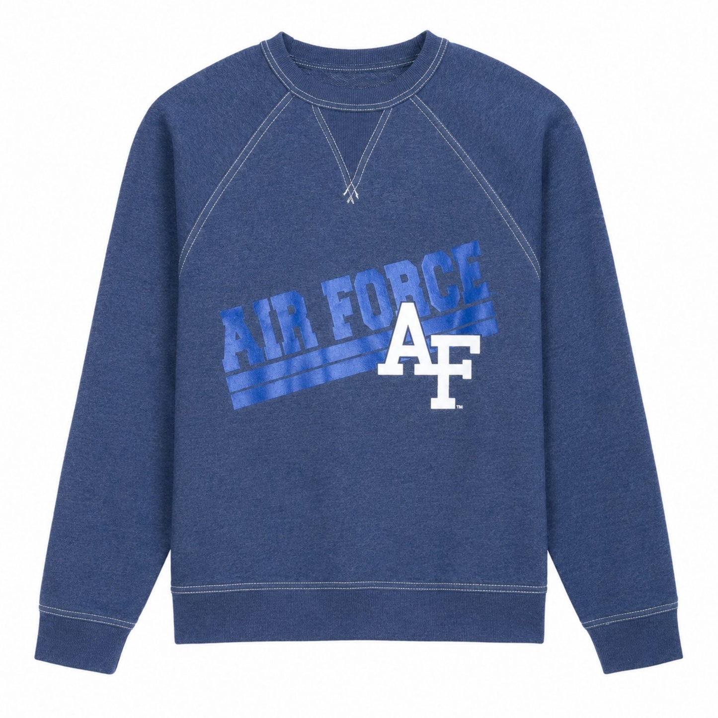 Air Force Academy Classic Collegiate Terry Crew in heather blue with vintage diagonal AIR FORCE graphic and white AF logo on the front.