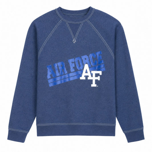Air Force Academy Classic Collegiate Terry Crew in heather blue with vintage diagonal AIR FORCE graphic and white AF logo on the front.
