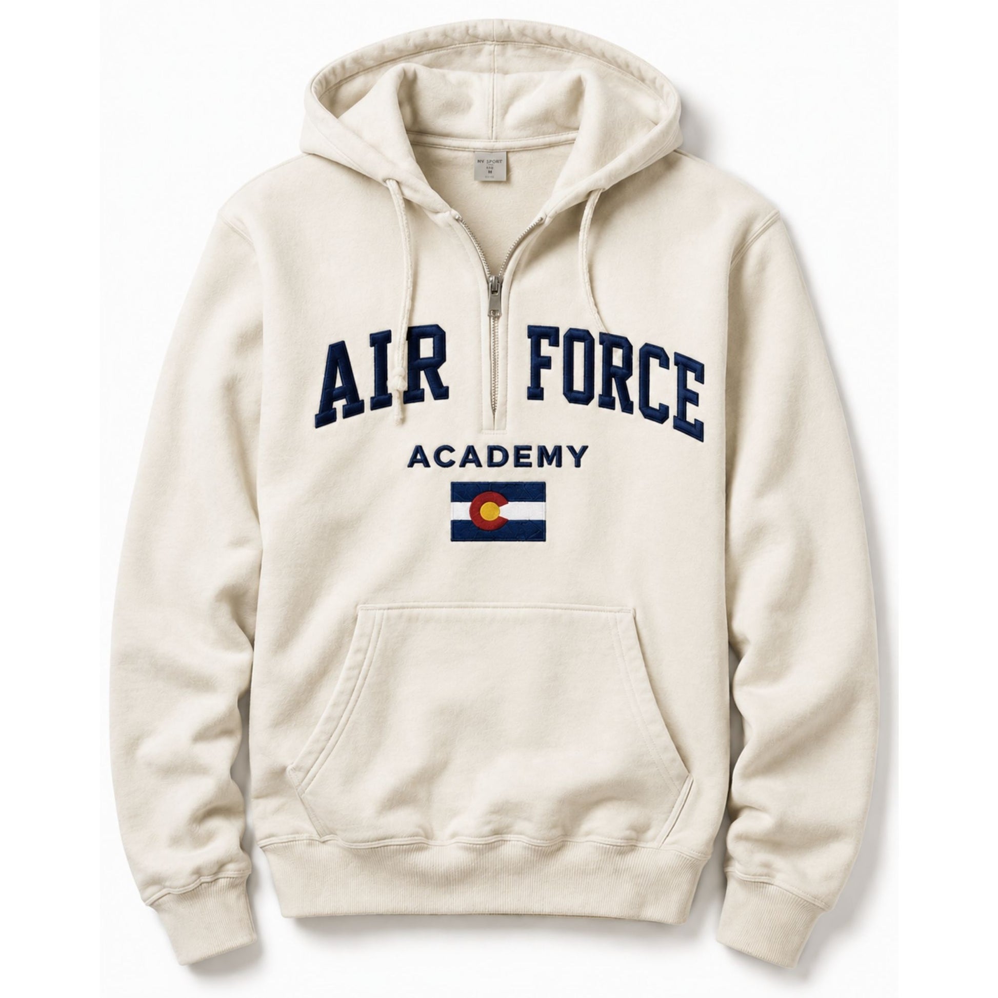 Cream Air Force Academy Colorado Flag quarter zip hoodie with embroidered lettering on white background