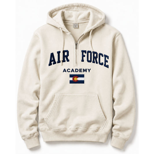 Cream Air Force Academy Colorado Flag quarter zip hoodie with embroidered lettering on white background