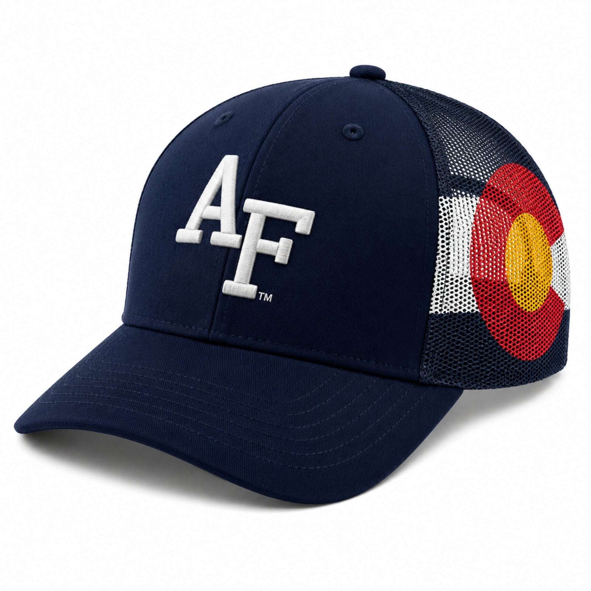 Navy Colorado Flag Trucker Hat featuring embroidered AF logo, Colorado flag mesh panels, curved visor, and adjustable snapback closure.