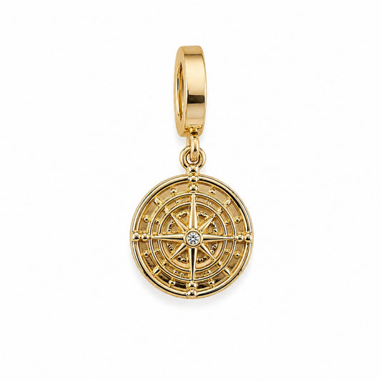 18k gold-plated compass charm with detailed compass rose, center accent and chain clasp