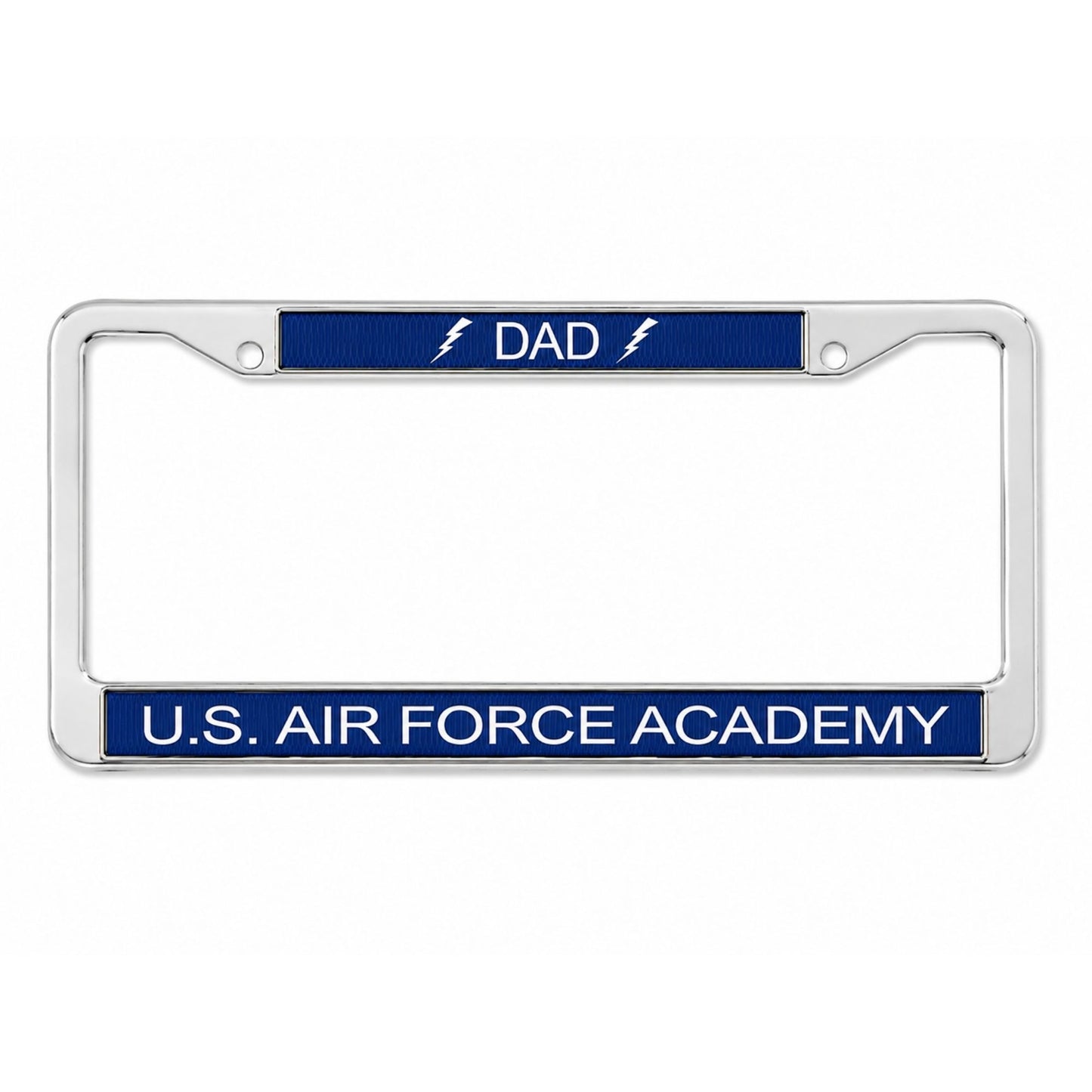 Polished metal U.S. Air Force Academy Dad Bolt license plate frame with blue enamel accents and lightning bolt design.