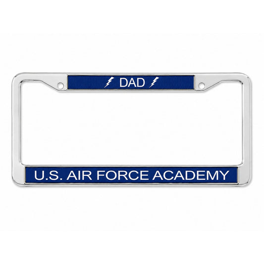 Polished metal U.S. Air Force Academy Dad Bolt license plate frame with blue enamel accents and lightning bolt design.