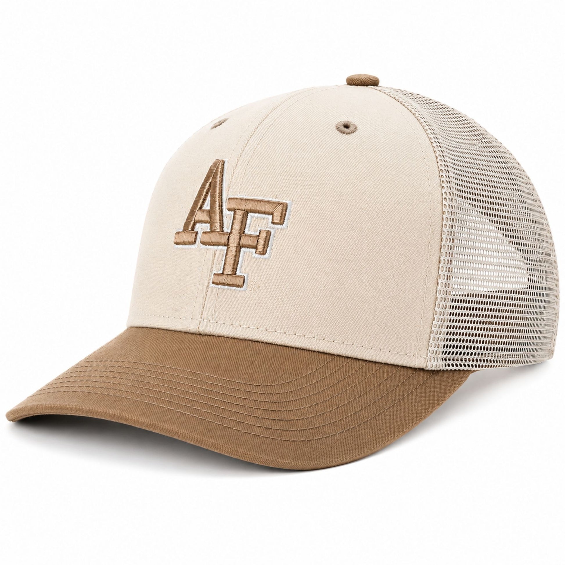 Desert Storm Air Force Trucker Hat with tonal embroidered AF logo, khaki curved brim, cream front panels, and breathable mesh back.