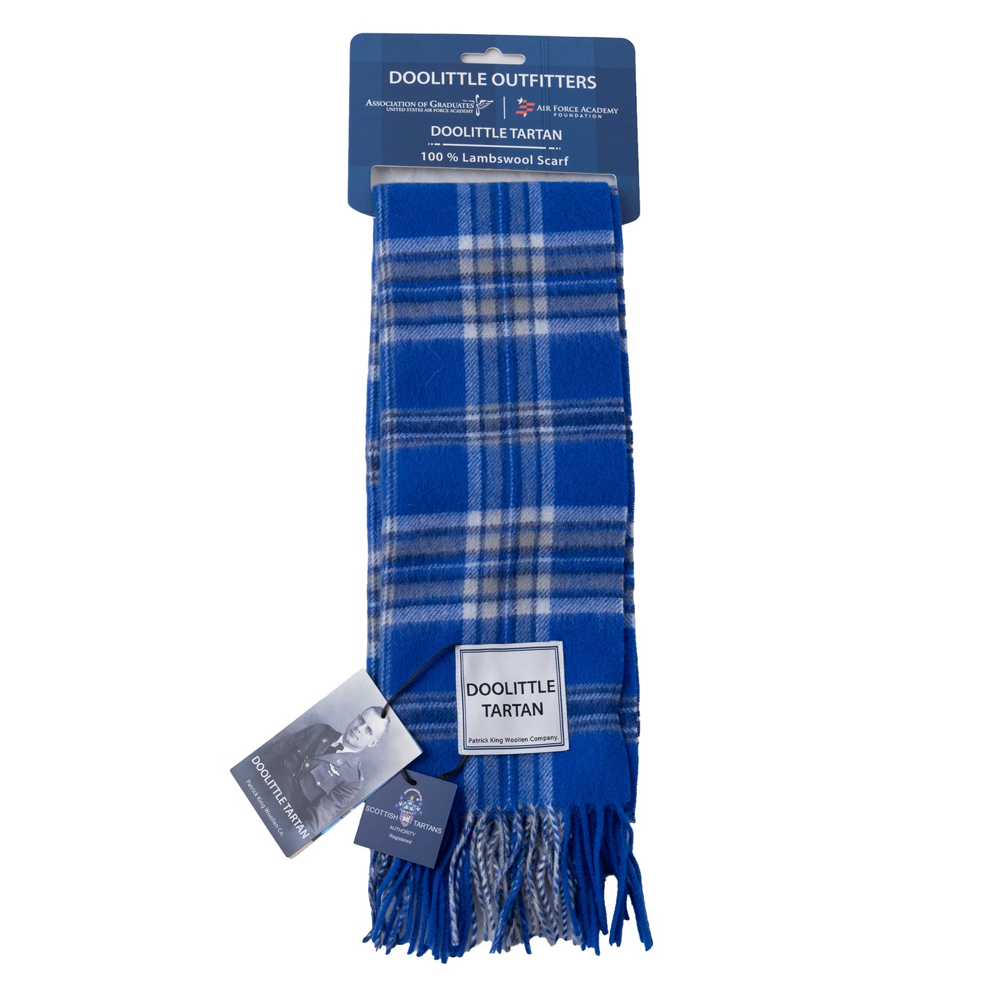 Blue Doolittle tartan lambswool extra long scarf with plaid pattern and fringe ends