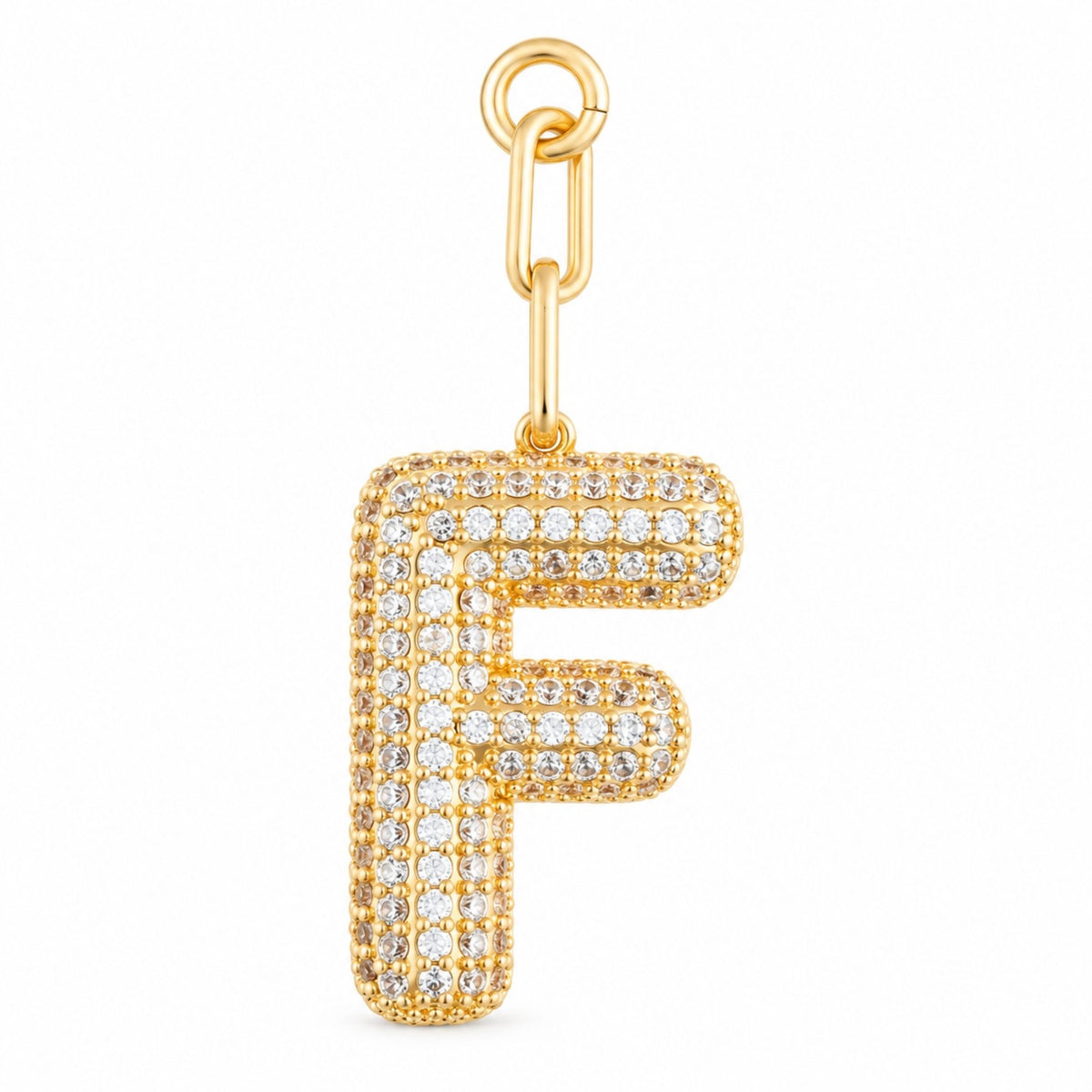 Gold pavé “F” bag charm with clear crystals and an elongated clasp