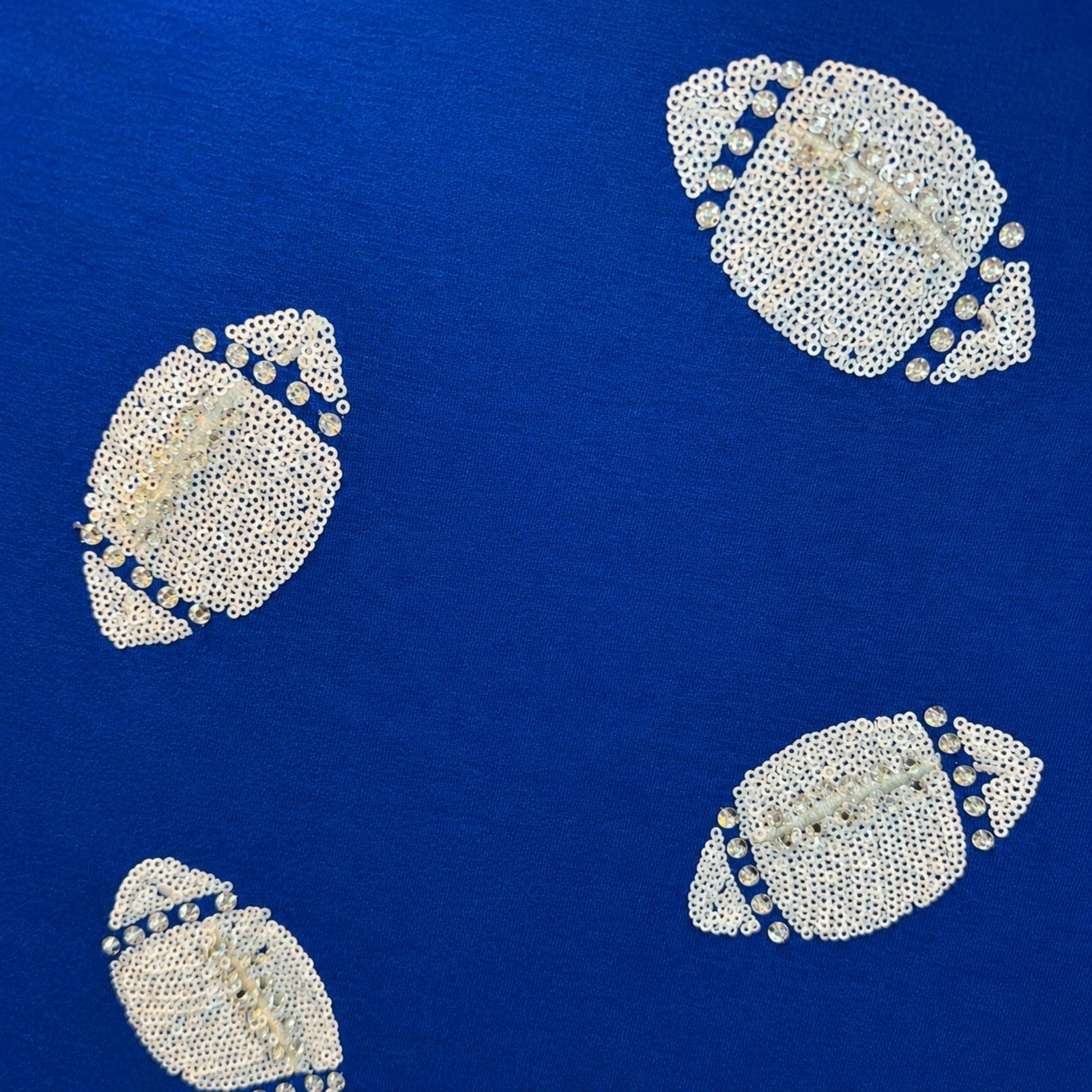 Royal blue Falcon Football Bling Crewneck with silver sequin footballs and white striped trim