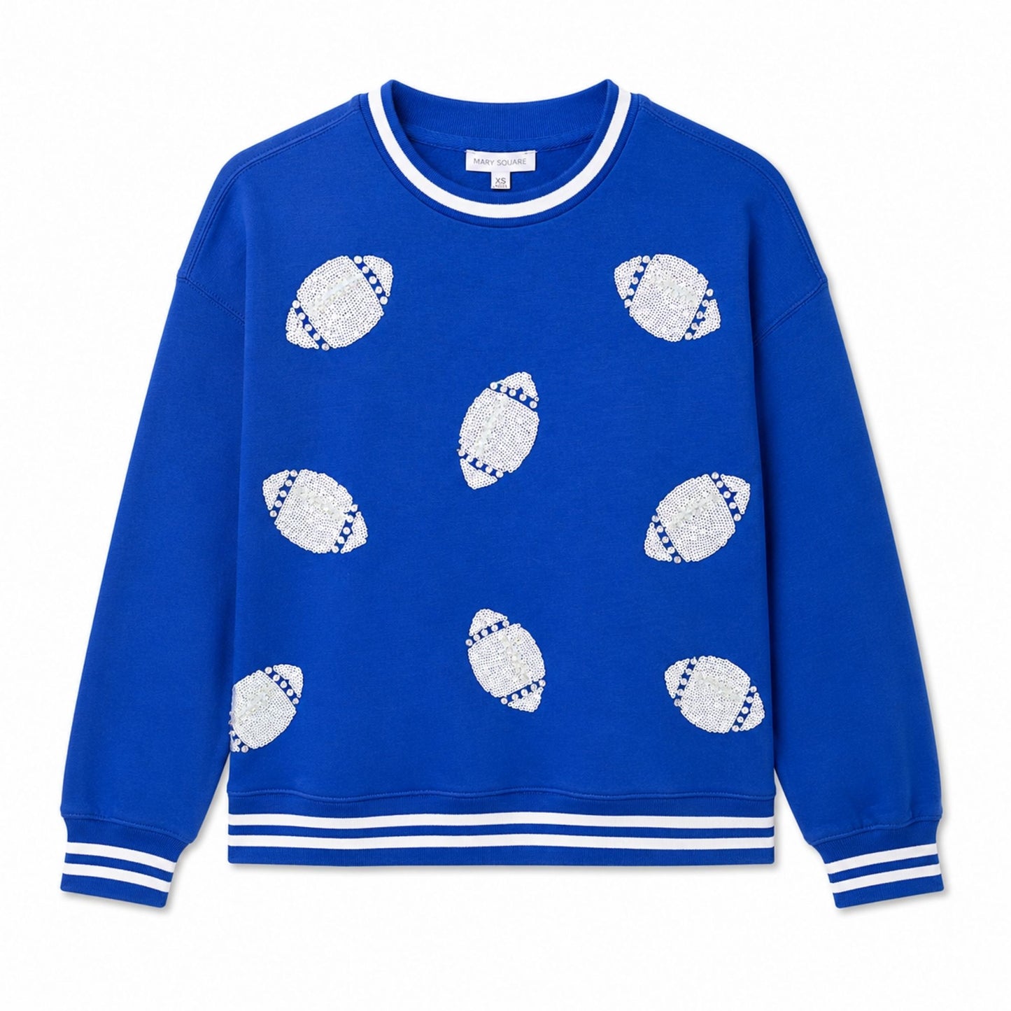Royal blue Falcon Football Bling Crewneck with silver sequin footballs and white striped trim