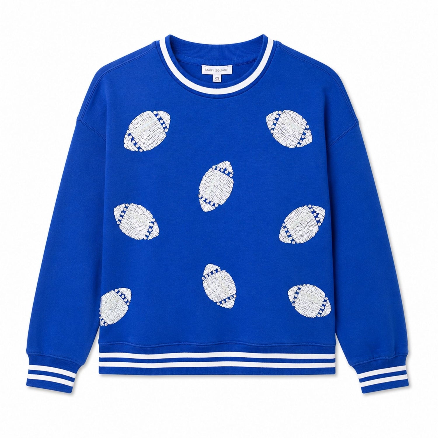 Royal blue Falcon Football Bling Crewneck with silver sequin footballs and white striped trim