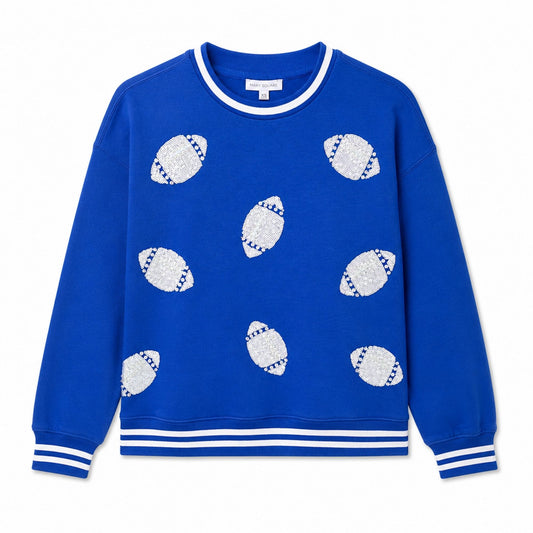 Royal blue Falcon Football Bling Crewneck with silver sequin footballs and white striped trim