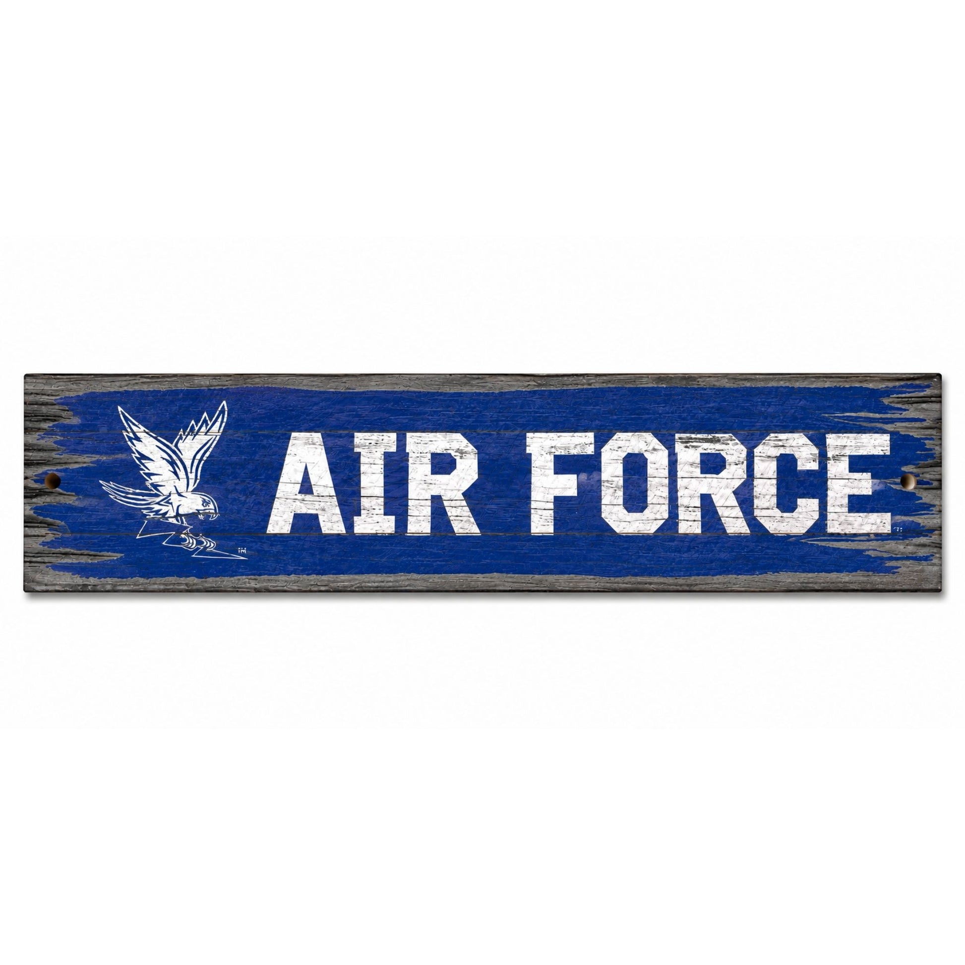 Falcon Rally Wooden Hanging Wall Sign featuring the Air Force Academy Falcon logo and AIR FORCE lettering on a distressed blue and gray wood background.