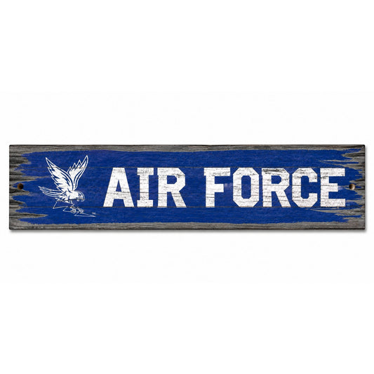 Falcon Rally Wooden Hanging Wall Sign featuring the Air Force Academy Falcon logo and AIR FORCE lettering on a distressed blue and gray wood background.