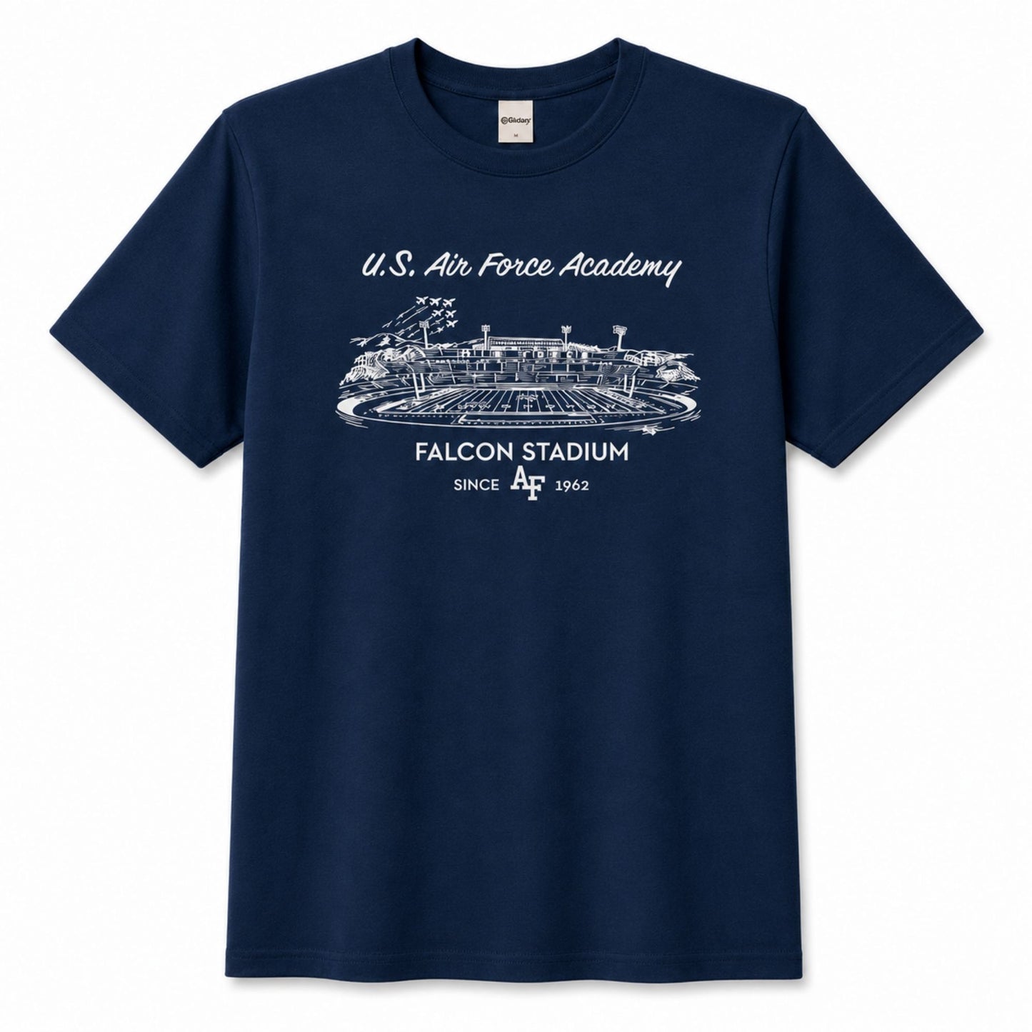 Dark blue Falcon Stadium Vintage Tee featuring a vintage-style white illustration of Falcon Stadium with "U.S. Air Force Academy" and "Falcon Stadium Since 1962" printed on the front.