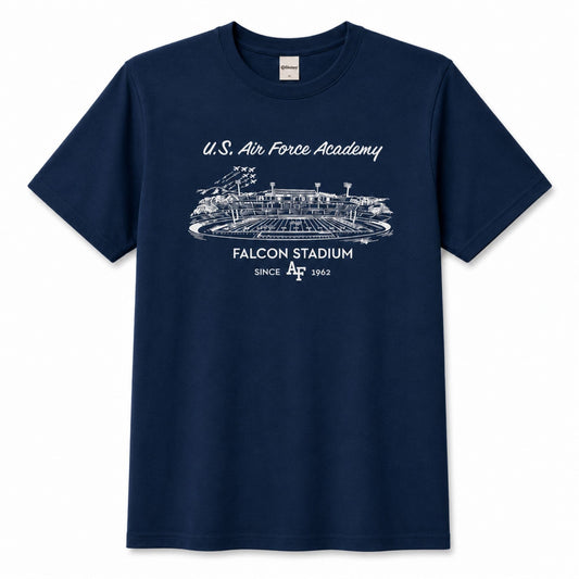 Dark blue Falcon Stadium Vintage Tee featuring a vintage-style white illustration of Falcon Stadium with "U.S. Air Force Academy" and "Falcon Stadium Since 1962" printed on the front.