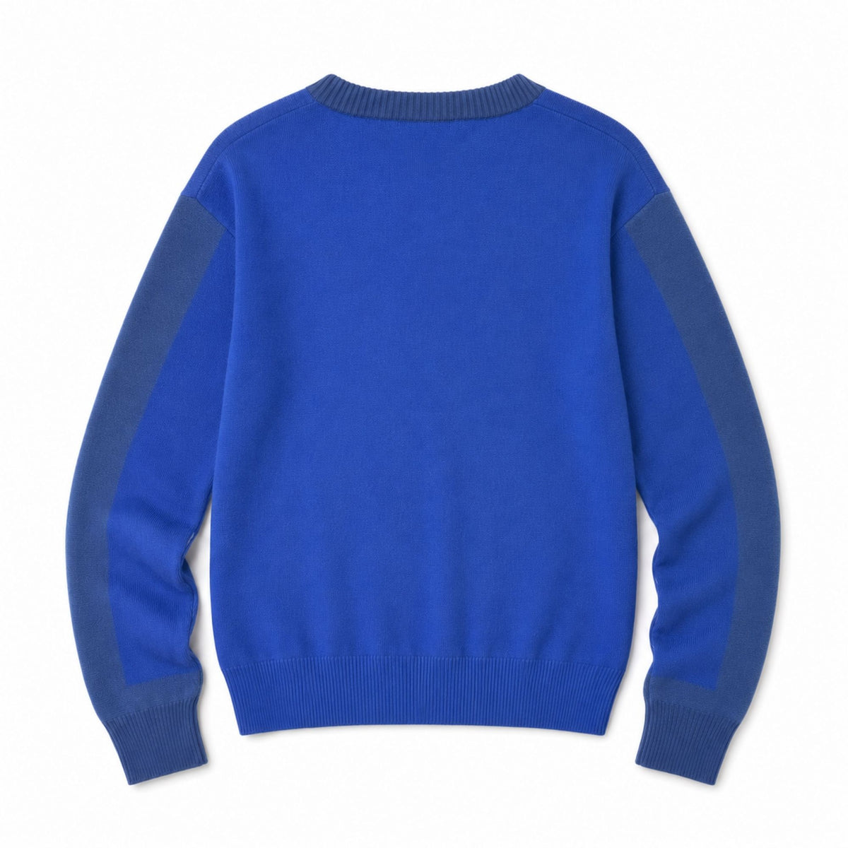 Back view of the blue Falcons Harbor Stripe Sweater with contrasting sleeves and ribbed trim