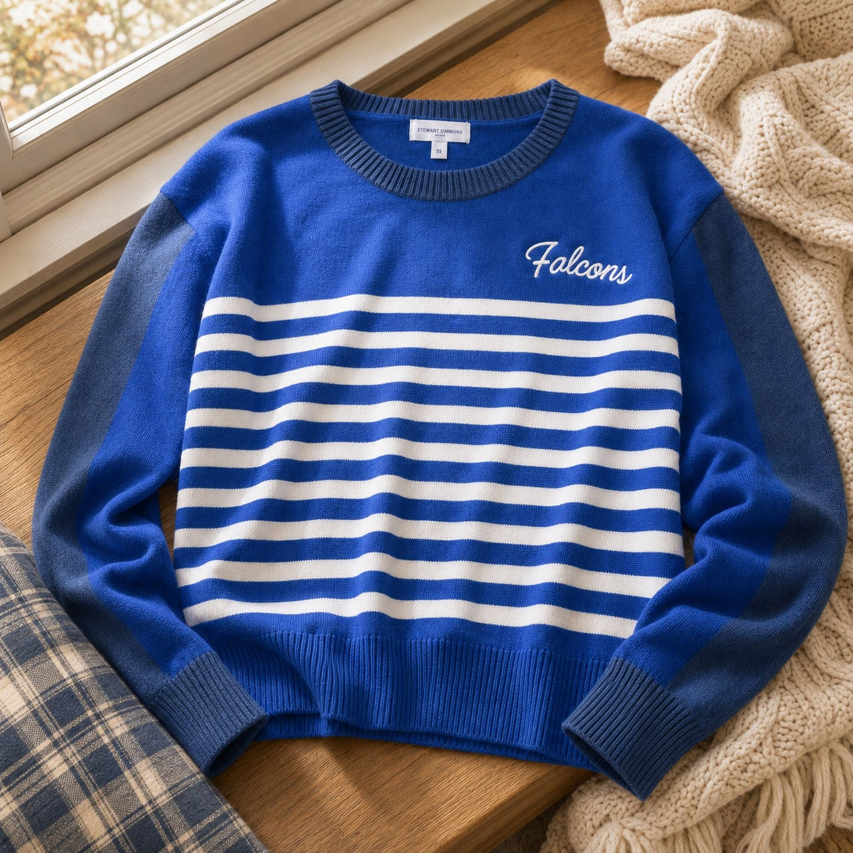 Falcons Harbor Stripe Sweater styled on a wooden bench with cozy fall textiles.