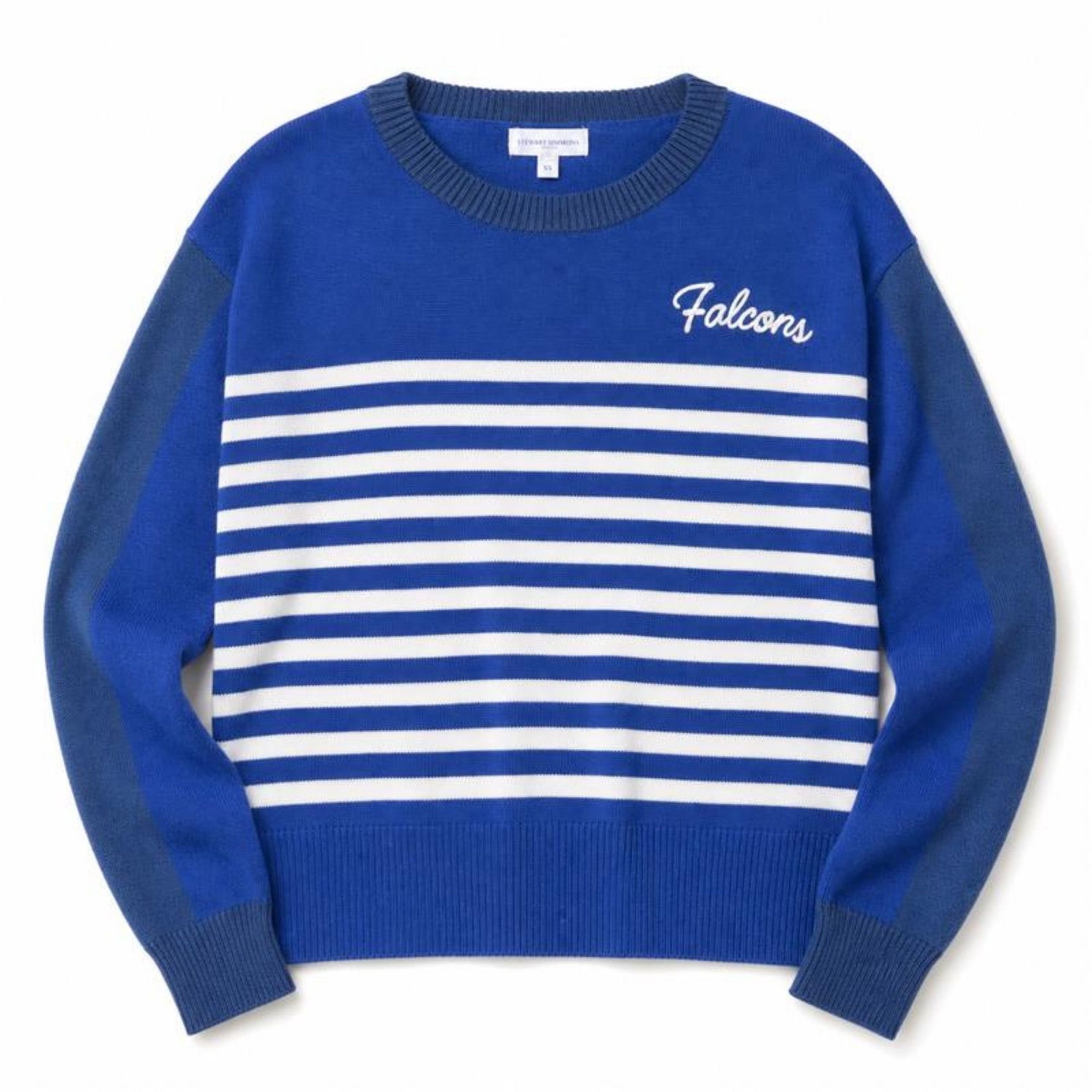 Front view of the blue and white Falcons Harbor Stripe Sweater with FALCONS rope embroidery