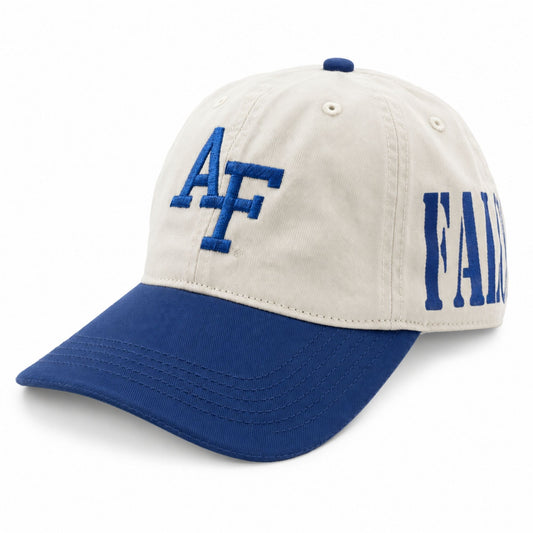 Front view of the FALCONS Sideshow Hat with a cream crown, royal blue bill and embroidered AF logo.