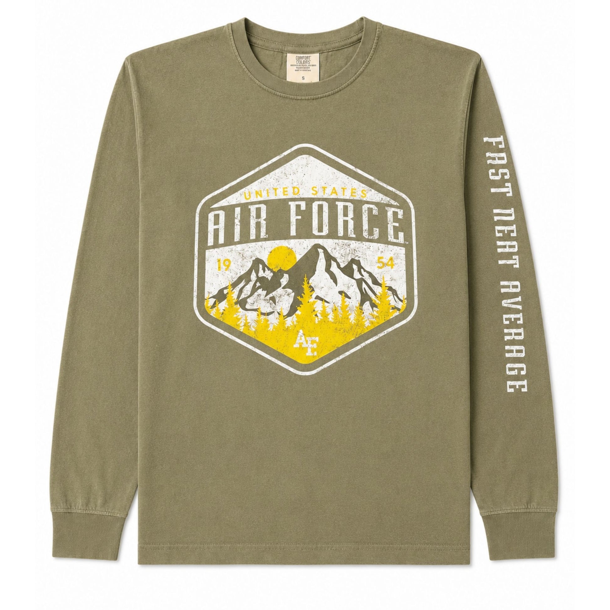 Olive green Fast Neat Average Long Sleeve Tee featuring a vintage Air Force mountain graphic and sleeve print on a garment-dyed cotton shirt.
