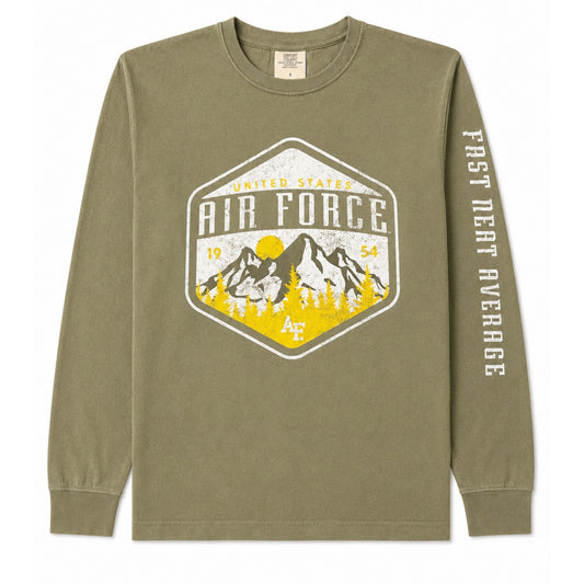 Olive green Fast Neat Average Long Sleeve Tee featuring a vintage Air Force mountain graphic and sleeve print on a garment-dyed cotton shirt.