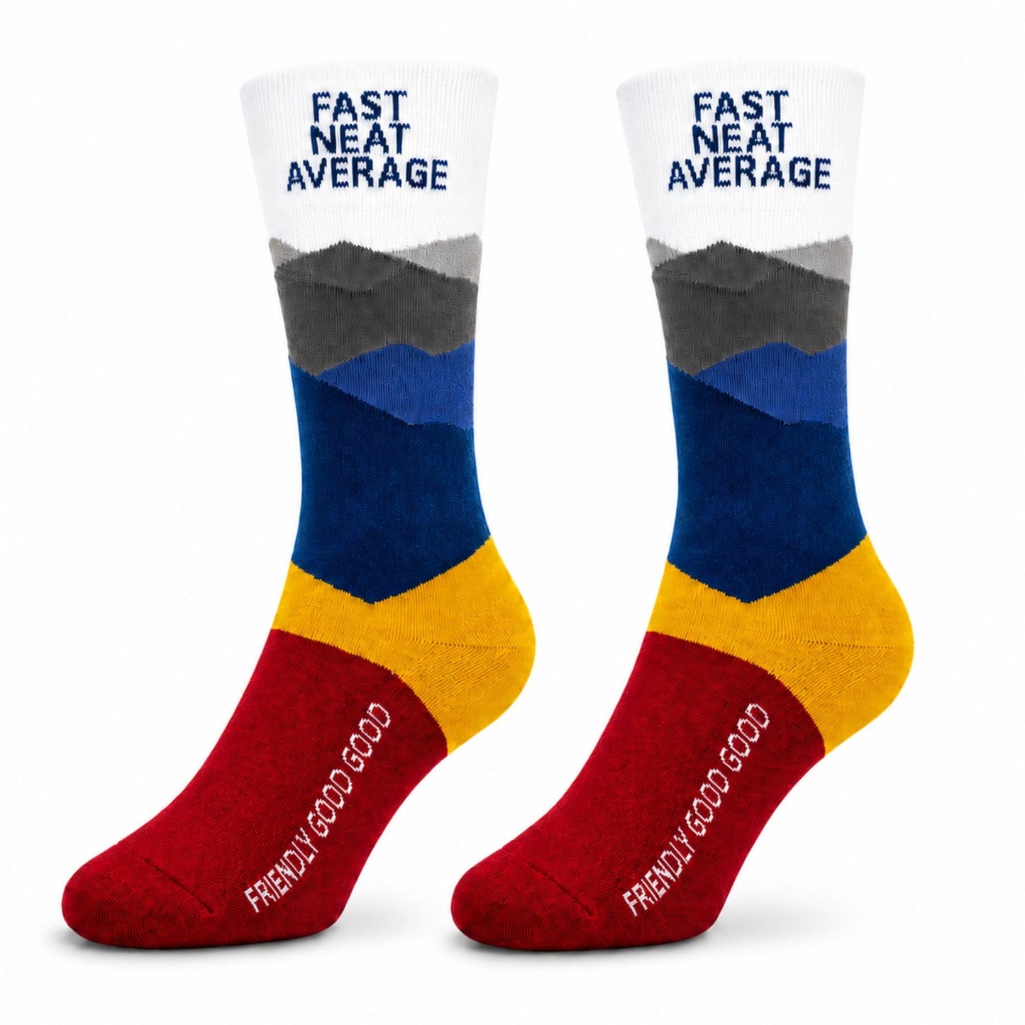 Crew socks featuring Fast Neat Average on the cuff, Friendly Good Good on the foot, and a colorful mountain-inspired design in USAFA colors.