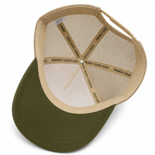 FAST NEAT AVERAGE trucker hat with embroidered AF logo, mountain landscape graphic, mesh back panels, snapback closure, and Friendly Good Good interior crown tape.
