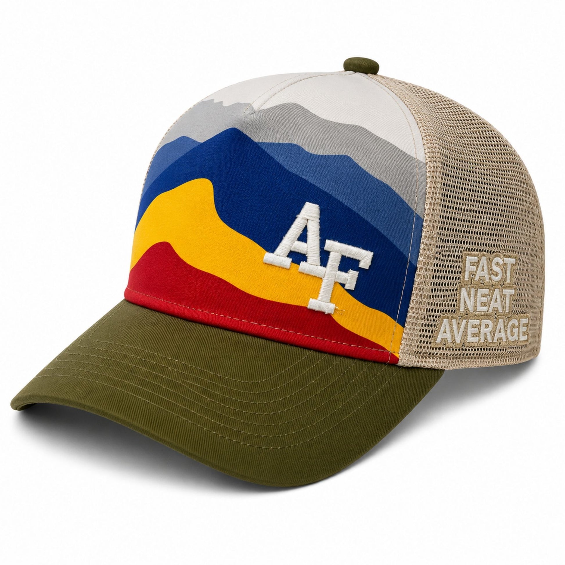 FAST NEAT AVERAGE trucker hat with embroidered AF logo, mountain landscape graphic, mesh back panels, snapback closure, and Friendly Good Good interior crown tape.
