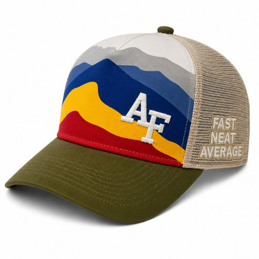 FAST NEAT AVERAGE trucker hat with embroidered AF logo, mountain landscape graphic, mesh back panels, snapback closure, and Friendly Good Good interior crown tape.