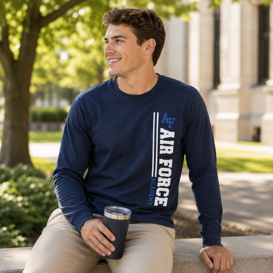 Navy Flight Line Long Sleeve Tee featuring a vertical AIR FORCE graphic with the AF logo