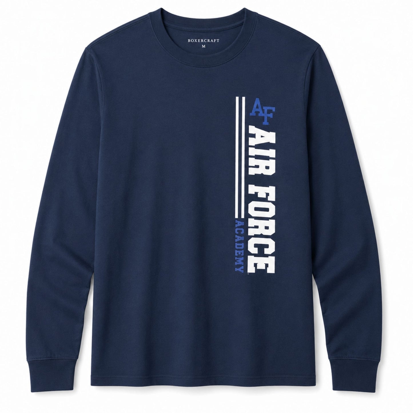 Navy Flight Line Long Sleeve Tee featuring a vertical AIR FORCE graphic with the AF logo