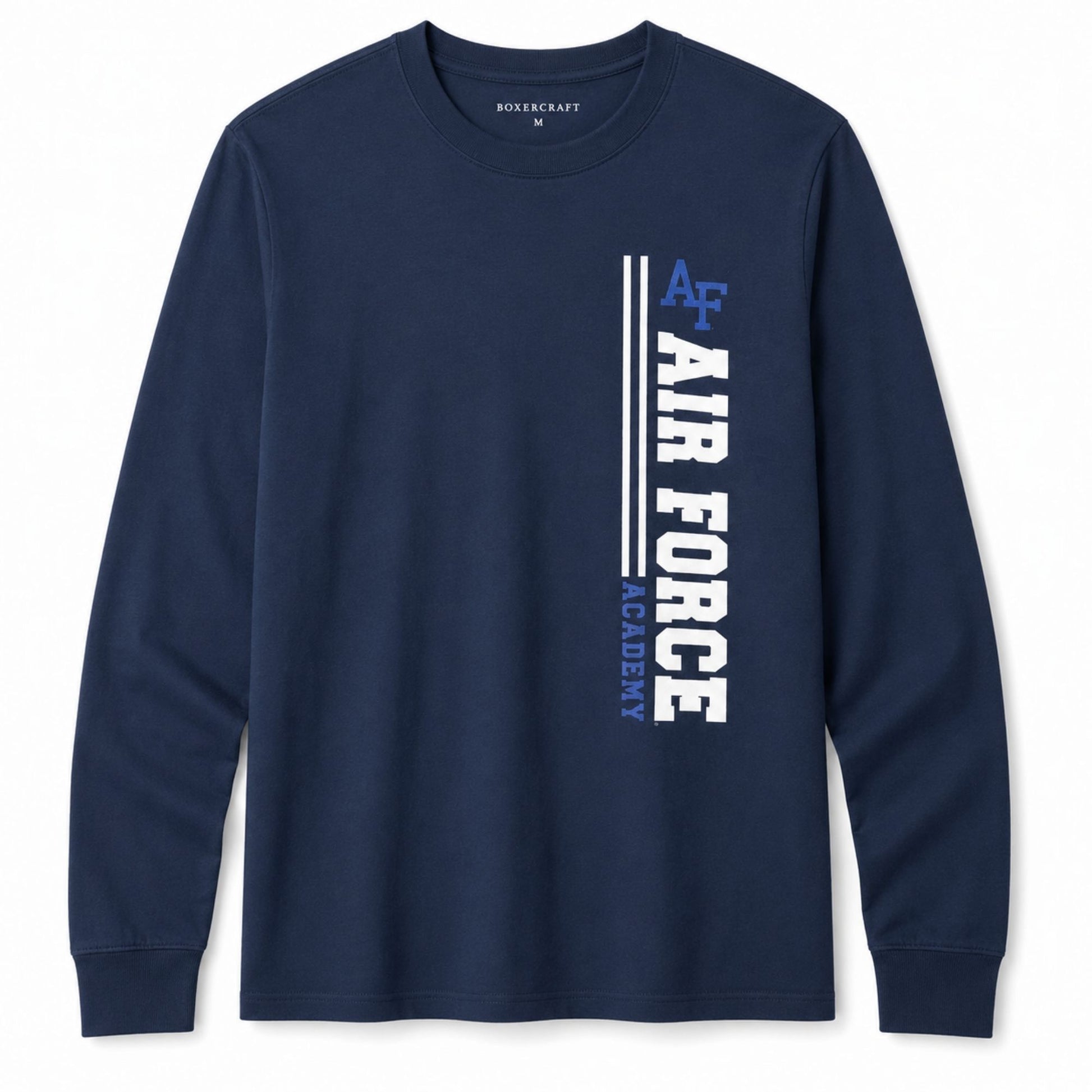 Navy Flight Line Long Sleeve Tee featuring a vertical AIR FORCE graphic with the AF logo