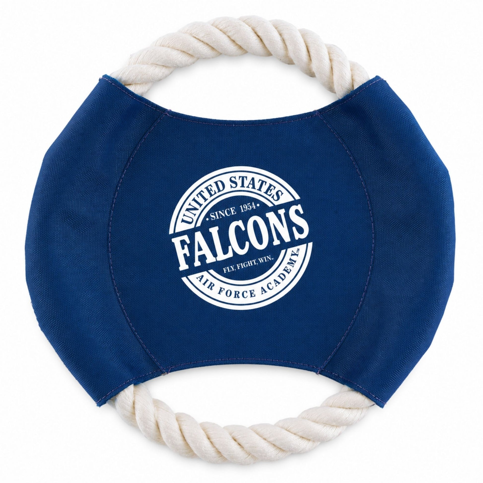 Blue Fly Fight Fetch dog toy with rope handles and Air Force Academy Falcons graphic