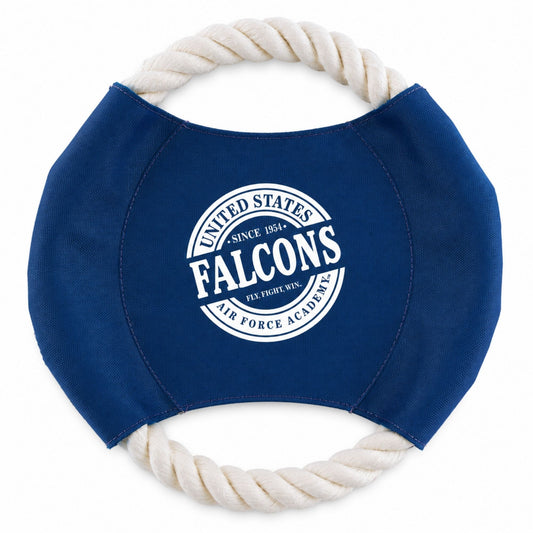 Blue Fly Fight Fetch dog toy with rope handles and Air Force Academy Falcons graphic
